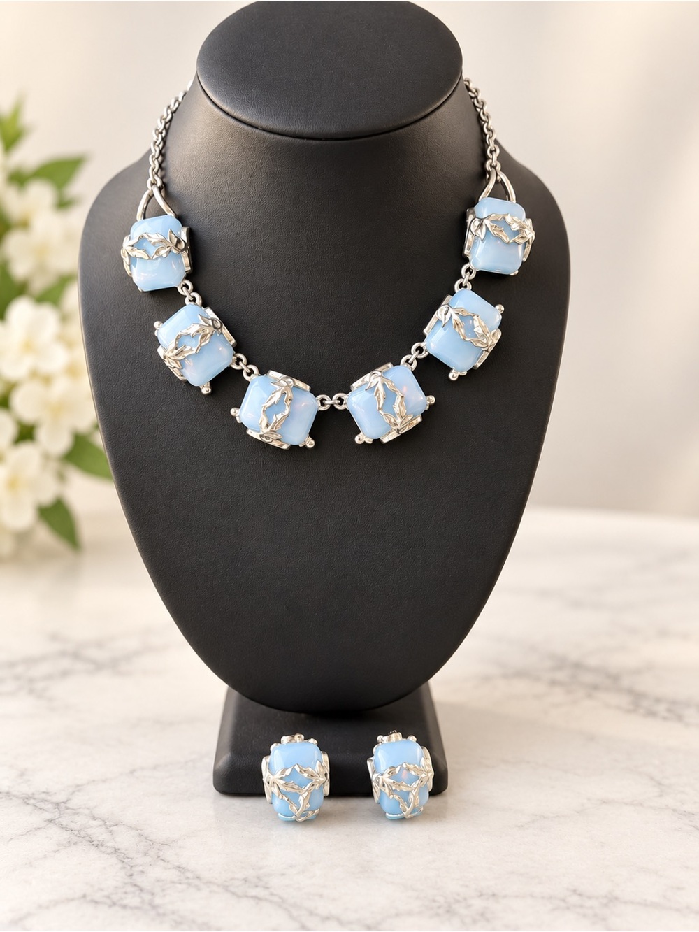 Vintage Pale Blue Moonglow Thermoset Necklace & Clip-On Earrings Set Silver Tone